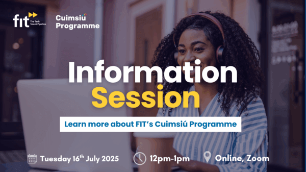 Information poster featuring a female with headphones at her laptop. The image features text overlaying the picture of the woman which provides information about an upcoming information session with FIT.