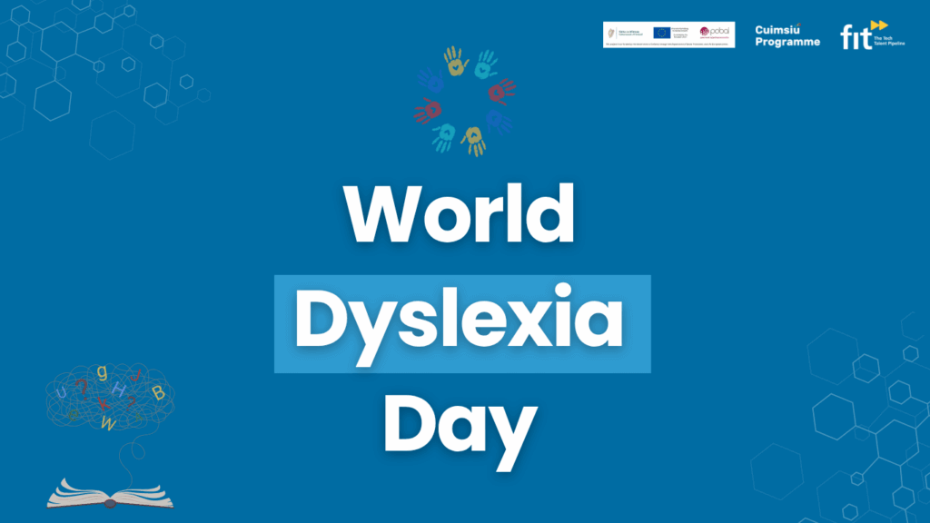 Blue poster with text overlapping with books and hands animated on it