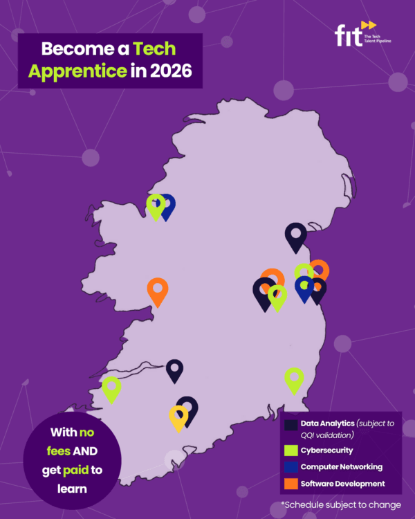 map of ireland highlighting locations of tech apprenticeship programmes for 2026