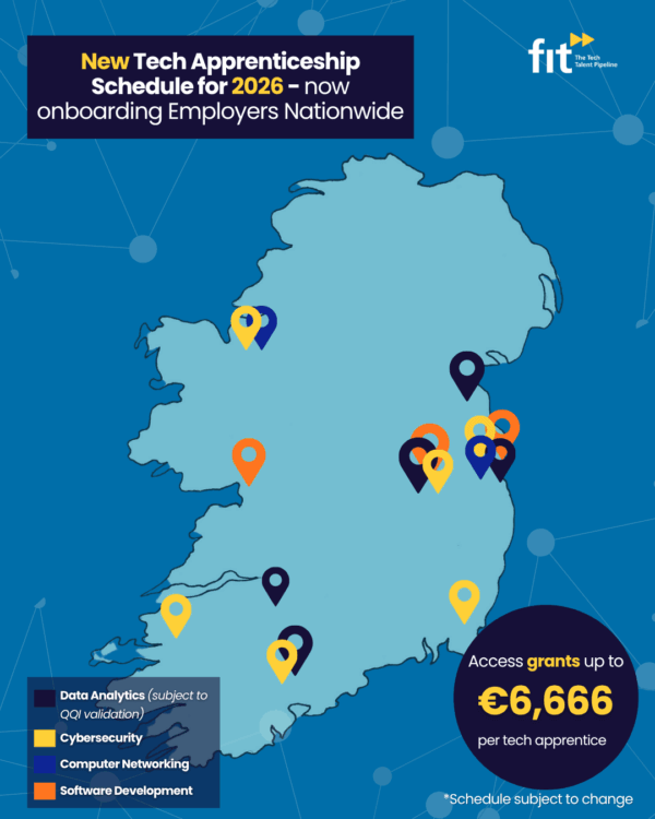 map of ireland showing the locations of FIT's tech apprenticeship programmes for 2026