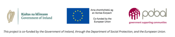 Logos of the Government of Ireland, the European Union, and Pobal, with accompanying text stating the project is co‑funded by the Government of Ireland, the Department of Social Protection, and the European Union.